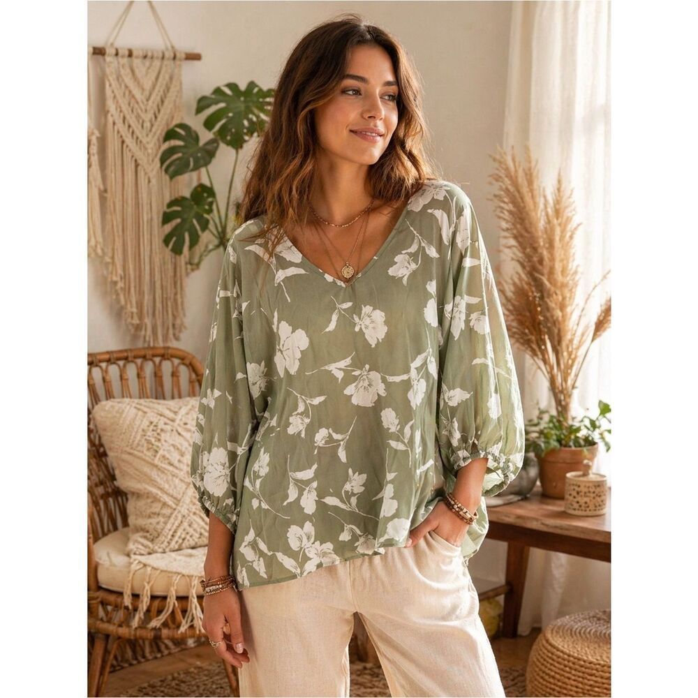 Anthropologie JODIFL Floral V-Neck Blouse - Olive and White